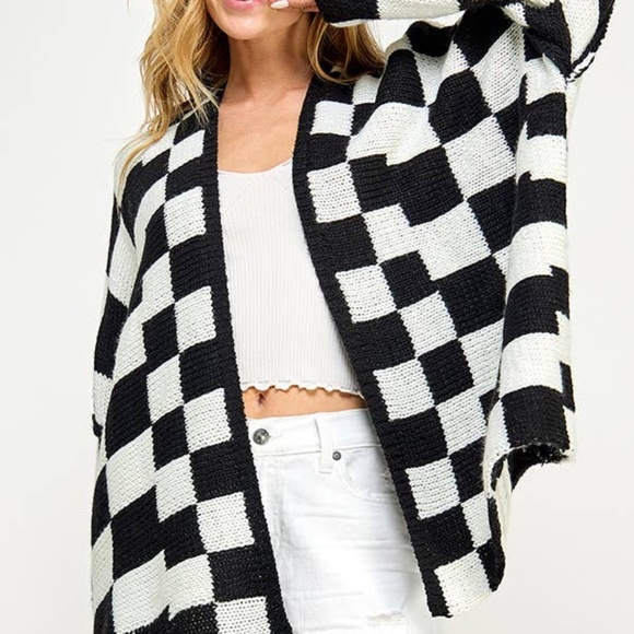 Sweaters - Checked Back and White Open Front Cardigan